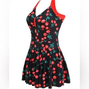 Black Cherry Print Halter Swim Dress with Red Trim